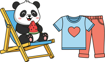 Cute panda character sitting on beach chair eating watermelon with kids clothing set in cartoon flat vector style © Sumon Creative