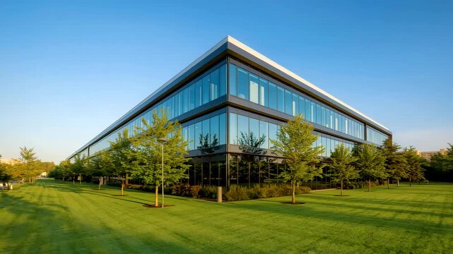 Modern glass office building with large green lawn and rows of small trees under clear blue sky.