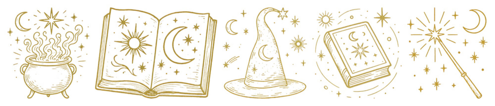 PNG Mystical golden wizardry symbols, element set on transparent background