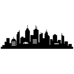 Fototapeta premium A black silhouette icon of a modern city skyline featuring a variety of tall, medium, and short buildings and skyscrapers against a clear background.