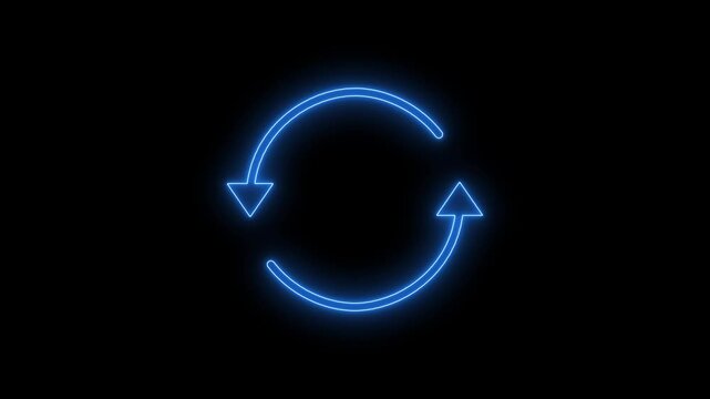 Blue neon circular arrows symbol on black background refresh reload