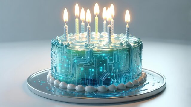 A celebratory cake with lit candles and a circuit board design on a silver plate