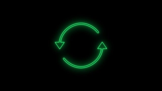 Green neon circular arrows symbol on black background refresh reload