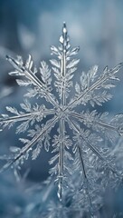 Macro photo of detailed snowflake crystal. Close up of delicate ice snowflake on blue background. Frozen winter snowflake macro texture.