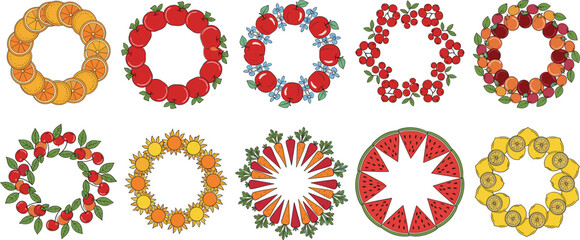 Decorative fruit circle frames collection with citrus berries and watermelon in modern flat vector illustration style