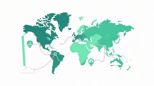 A global network map illustrating data flow and cloud computing connections across continents with various service points.