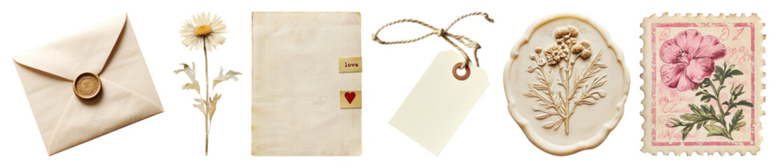 Naklejka na ściany i meble PNG Vintage floral stationery collection, element set on transparent background