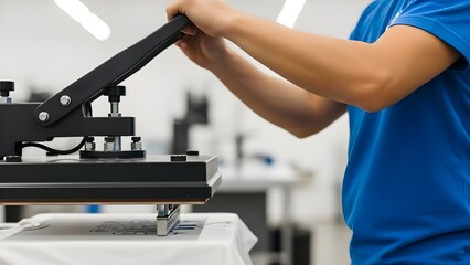 Person operating a heat press machine for custom apparel printing