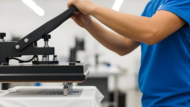 Person operating a heat press machine for custom apparel printing