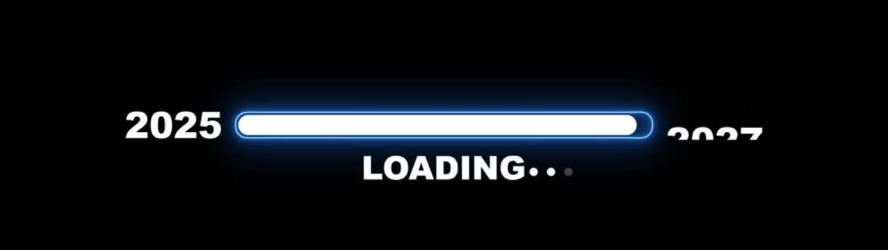 Glowing neon new year 2027 loading bar animation Year changing from 2026 to 2027. Loading bar from 2026 to 2027 new year scroll animation. 4k video