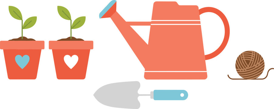 Gardening tools and potted plants illustration set with watering can shovel and yarn in flat vector style