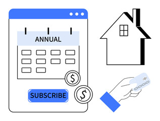 Payment processing, financial planning, subscription services, home ownership, real estate, budgeting. Annual calendar, dollar icons and credit card alongside a house icon. Payment processing