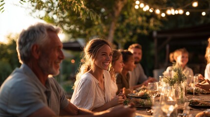 Family and friends gather around table outside during summer evening for dinner and conversation