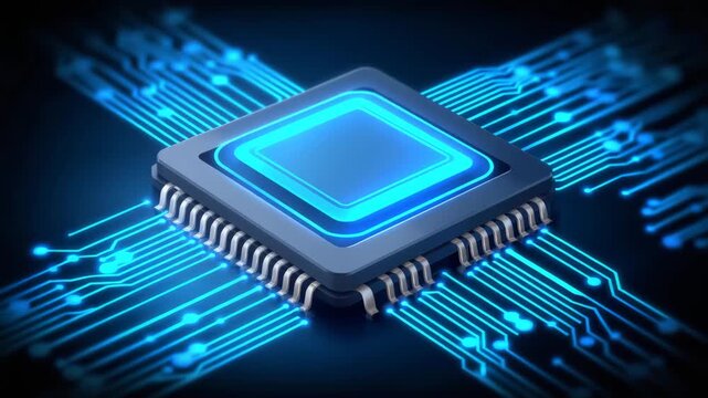 Digital circuit with a microchip and blue circuitry on a dark background showing technology in action