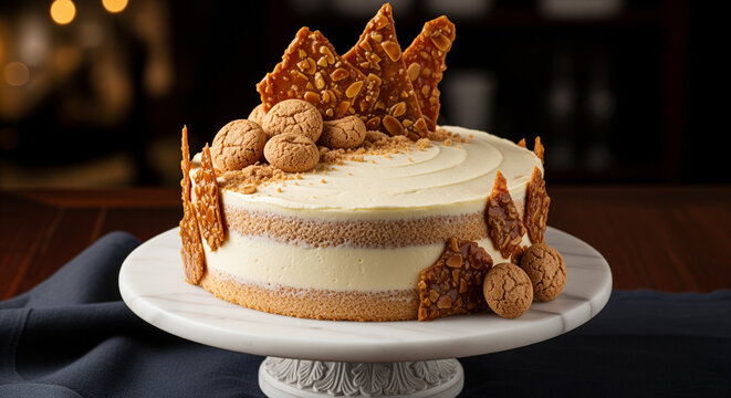Cake: A beautifully crafted layer cake featuring creamy white frosting, golden amaretti cookies, crunchy almond brittle shards, and fine crumbs, on a marble stand.