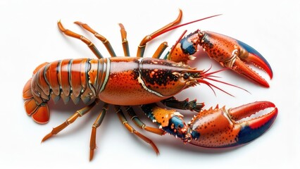 Vivid overhead shot of a cooked lobster, displaying its vibrant red shell against a stark white backdrop
