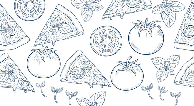 Hand drawn Italian food seamless pattern with pizza slices tomatoes herbs and ingredients in sketch vector style