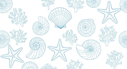 Hand drawn ocean life seamless pattern featuring shells starfish and coral reef elements in sketch vector illustration style