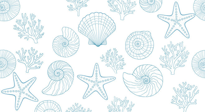Hand drawn ocean life seamless pattern featuring shells starfish and coral reef elements in sketch vector illustration style