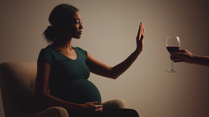 Pregnant woman making a hand gesture refusing a glass of red wine, prioritizing sobriety and baby's health during pregnancy, preventing fetal alcohol syndrome