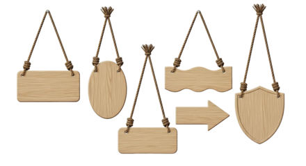 Sign of direction: Displaying a variety of wooden signs, each with a unique shape and hanging by natural-colored rope. It's designed to bring a touch of the outdoors into your space.