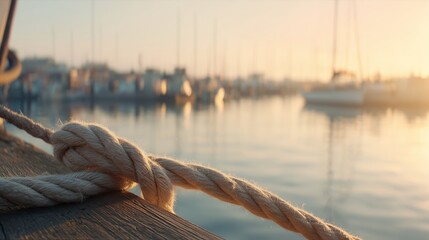 Rope tied to the dock at sunset near boats and water