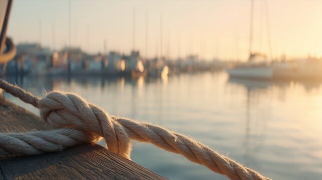 Fototapeta Rope tied to the dock at sunset near boats and water