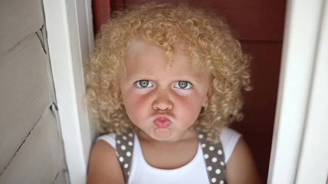 Child with curly hair making a funny face in a doorway during daytime at home