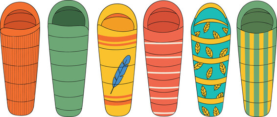 Modern illustrated sleeping bag collection in flat design style ideal for camping outdoor travel adventure equipment graphics