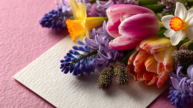 Blank paper card mockup with plenty of spring flowers on pink background. Design greeting card concept. Generative AI - Powered by Adobe