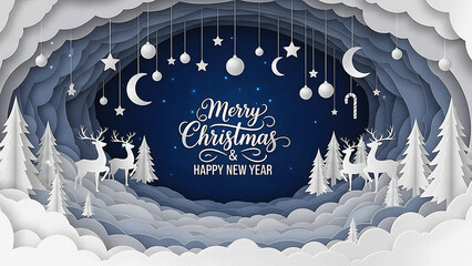 Enchanting layered paper art landscape for festive Christmas and New Year celebrations, featuring majestic deer, snow-covered trees, and sparkling holiday ornaments