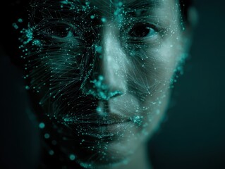 close-up of human face with digital network overlay in cool teal lighting creating a futuristic atmosphere with space for text concept of technology identity connectivity