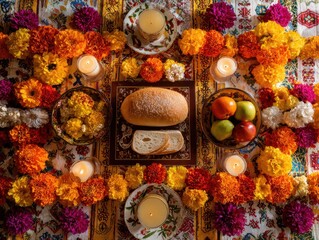 vibrant colorful table setting viewed from above with loaf of bread on decorative plate surrounded by marigold flowers and fruit with warm candlelight concept of dining decor celebration