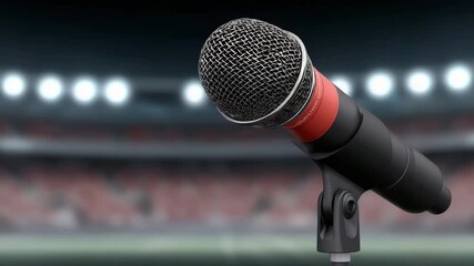 Microphone stands in a stadium before a sports event during the evening, ready for announcements and interviews