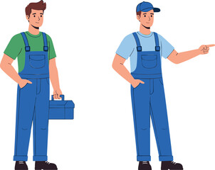 Professional handyman worker character illustration set wearing overalls with tools and gestures in flat vector style