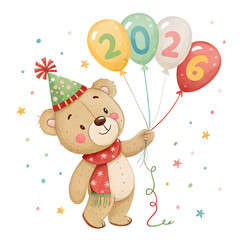 Obraz premium Cartoon Bear Character with Party Hat and Red Scarf Celebrating New Year's Day.