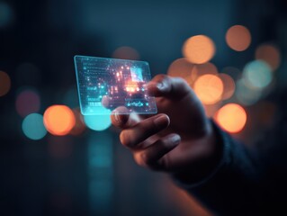 hand holding transparent futuristic card with glowing holographic data in low light setting with blurred bokeh background in warm tones concept of digital technology innovation interaction