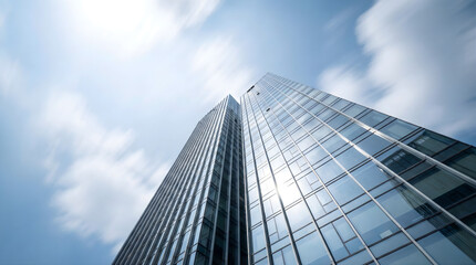Modern glass skyscraper reflecting blue sky and white clouds building architecture