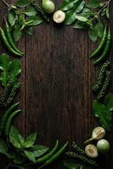 Vertical flat lay frame of Thai green curry ingredients featuring fresh chili peppers basil and eggplant on dark rustic wooden background with copy space for mobile menu design