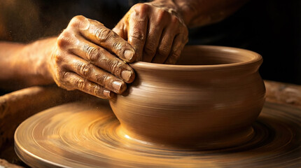 Close up of potter's hands shaping wet clay on spinning wheel. Artisan creating handmade ceramic pot with motion blur and warm lighting. Craftsmanship concept.