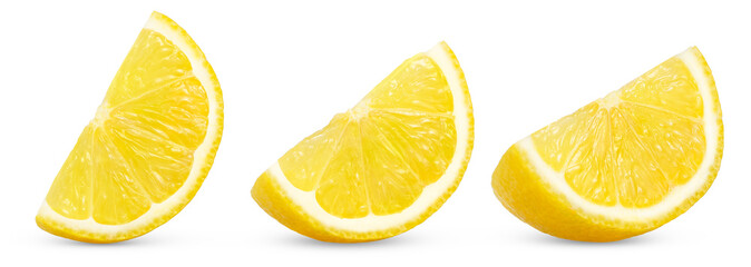 Yellow lemon slice set. Citrus fruit slices isolated on white background. Full depth of field.