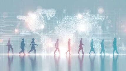 Global business people walking forward on a digital world map, illustrating worldwide connectivity and technology progress