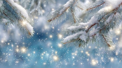 Snow covered fir branches with falling golden stars creating a magical winter holiday background