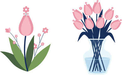 Tulip floral illustration set with single flower and vase arrangement in soft flat vector style for home decor
