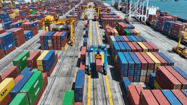 Ultra-realistic overhead drone view of a busy port terminal, container handler moving a red container along marked lanes surrounded by containers in geometric patterns