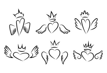  Romantic love symbol. Set hearts with crown and angel wings. Icon collection. Heart line drawing illustration.