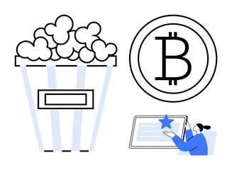 Digital entertainment, cryptocurrency transactions, online reviews, rating systems, virtual interaction, consumer decisions. Black and white popcorn, Bitcoin logo, online review activity