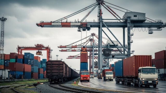 Large industrial container port with gantry cranes, semi trucks, and a freight train on tracks under an overcast sky. Global shipping and logistics operations. - Powered by Adobe