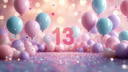 Number 13 standing on sparkling glitter, surrounded by soft pastel balloons and falling heart confetti