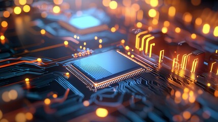 Digital circuit board processing data, glowing microchips, abstract computer technology grid, modern electronic system